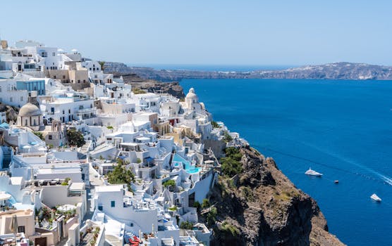 Beautiful Santorini houses overlooking the Aegean Sea on a sunny day.
